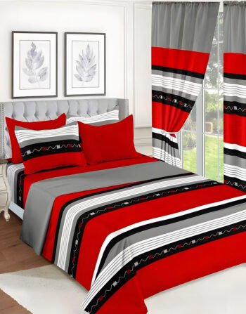 Red & Ash Modern All-Season Bedding Set – 10pcs & 8pcs, 100% Cotton, Soft & Lightweight, Includes Pillow Covers & Stylish Curtains