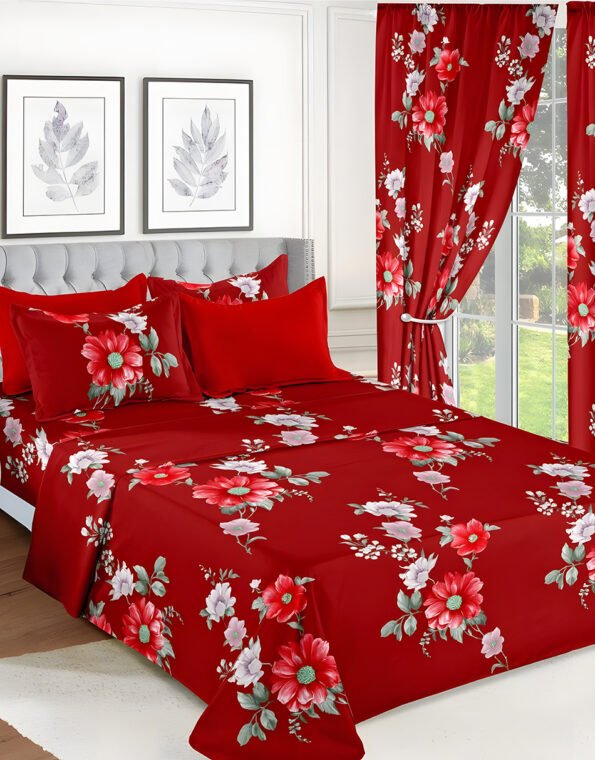 Red Modern All-Season Bedding Set – 10pcs & 8pcs, 100% Cotton, Soft & Lightweight, Includes Pillow Covers & Stylish Curtains