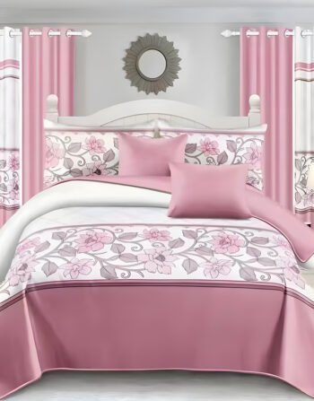 Pink & White Modern All-Season Bedding Set – 10pcs & 8pcs, 100% Cotton, Soft & Lightweight, Includes Pillow Covers & Stylish Curtains