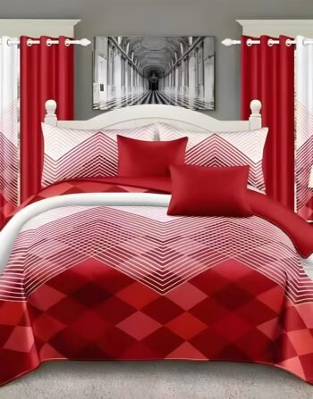 Red & White Modern All-Season Bedding Set – 10pcs & 8pcs, 100% Cotton, Soft & Lightweight, Includes Pillow Covers & Stylish Curtains