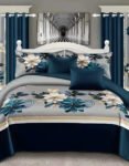 Dark Blue Modern All-Season Bedding Set – 10pcs & 8pcs, 100% Cotton, Soft & Lightweight, Includes Pillow Covers & Stylish Curtains
