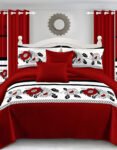Red & White Modern All-Season Bedding Set – 10pcs & 8pcs, 100% Cotton, Soft & Lightweight, Includes Pillow Covers & Stylish Curtains