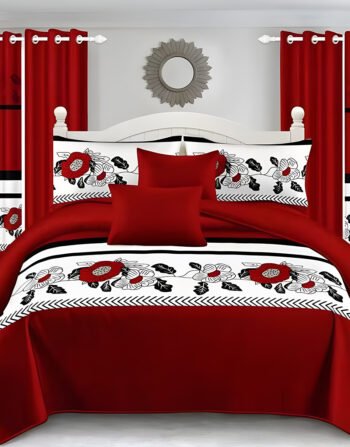 Red & White Modern All-Season Bedding Set – 10pcs & 8pcs, 100% Cotton, Soft & Lightweight, Includes Pillow Covers & Stylish Curtains
