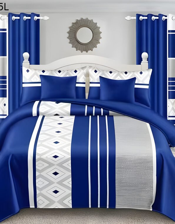 Blue & White Modern All-Season Bedding Set – 10pcs & 8pcs, 100% Cotton, Soft & Lightweight, Includes Pillow Covers & Stylish Curtains