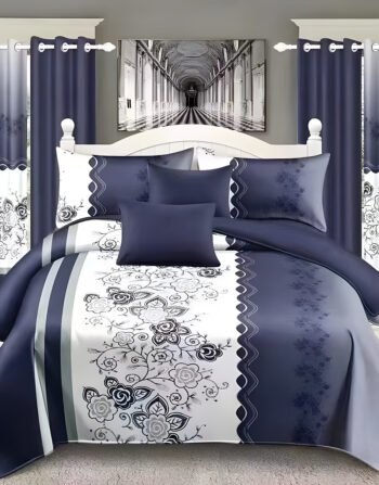Ash & White Modern All-Season Bedding Set – 10pcs & 8pcs, 100% Cotton, Soft & Lightweight, Includes Pillow Covers & Stylish Curtains