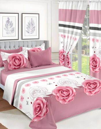 Pink & White Modern All-Season Bedding Set – 10pcs & 8pcs, 100% Cotton, Soft & Lightweight, Includes Pillow Covers & Stylish Curtains