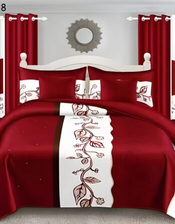 Red & White Modern All-Season Bedding Set – 10pcs & 8pcs, 100% Cotton, Soft & Lightweight, Includes Pillow Covers & Stylish Curtains