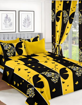 Yellow & Black Modern All-Season Bedding Set – 10pcs & 8pcs, 100% Cotton, Soft & Lightweight, Includes Pillow Covers & Stylish Curtains