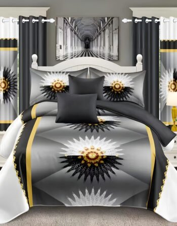 Ash And white Modern All-Season Bedding Set – 10pcs & 8pcs, 100% Cotton, Soft & Lightweight, Includes Pillow Covers & Stylish Curtains