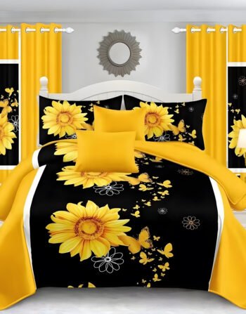 Modern All-Season Yellow Bedding Set – 10pcs & 8pcs, 100% Cotton, Soft & Lightweight, Includes Pillow Covers & Stylish Curtains