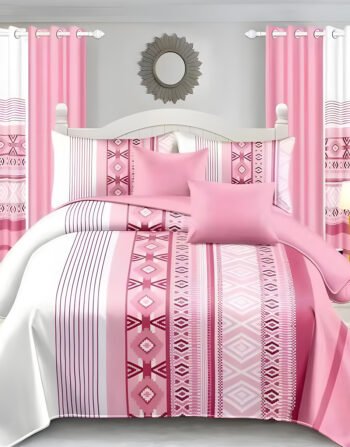Pink And white Modern All-Season Bedding Set – 10pcs & 8pcs, 100% Cotton, Soft & Lightweight, Includes Pillow Covers & Stylish Curtains