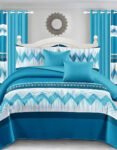 Modern All-Season Cyan Bedding Set – 10pcs & 8pcs, 100% Cotton, Soft & Lightweight, Includes Pillow Covers & Stylish Curtains