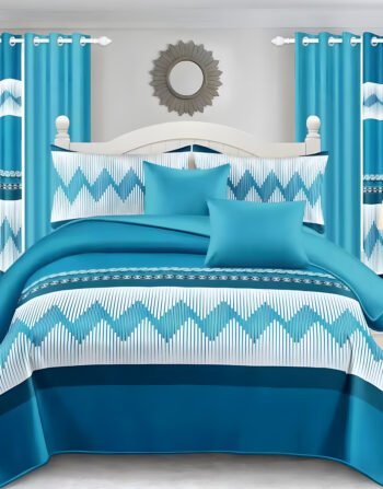 Modern All-Season Cyan Bedding Set – 10pcs & 8pcs, 100% Cotton, Soft & Lightweight, Includes Pillow Covers & Stylish Curtains