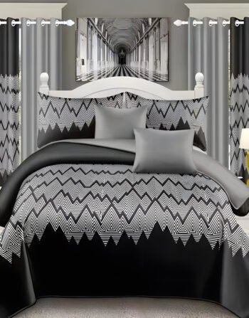 Black & Ash Modern All-Season Bedding Set – 10pcs & 8pcs, 100% Cotton, Soft & Lightweight, Includes Pillow Covers & Stylish Curtains