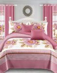 Pink And white Modern All-Season Bedding Set – 10pcs & 8pcs, 100% Cotton, Soft & Lightweight, Includes Pillow Covers & Stylish Curtains