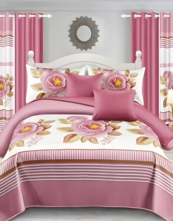 Pink And white Modern All-Season Bedding Set – 10pcs & 8pcs, 100% Cotton, Soft & Lightweight, Includes Pillow Covers & Stylish Curtains