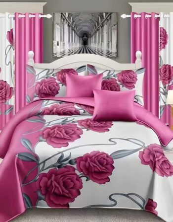 Pink And white Modern All-Season Bedding Set – 10pcs & 8pcs, 100% Cotton, Soft & Lightweight, Includes Pillow Covers & Stylish Curtains