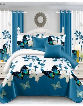 Teal Modern All-Season Bedding Set – 10pcs & 8pcs, 100% Cotton, Soft & Lightweight, Includes Pillow Covers & Stylish Curtains