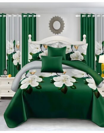 Green Modern All-Season Bedding Set – 10pcs & 8pcs, 100% Cotton, Soft & Lightweight, Includes Pillow Covers & Stylish Curtains