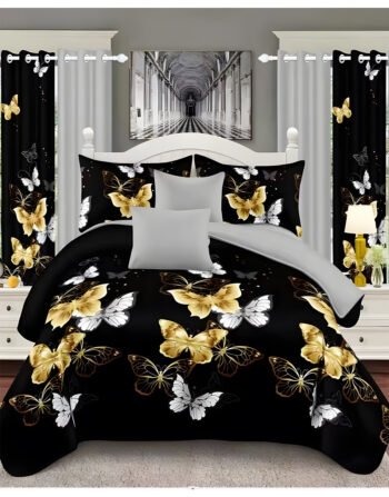 Black Modern All-Season Bedding Set – 10pcs & 8pcs, 100% Cotton, Soft & Lightweight, Includes Pillow Covers & Stylish Curtains