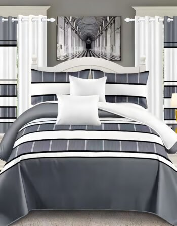 Modern All-Season Ash Bedding Set – 10pcs & 8pcs, 100% Cotton, Soft & Lightweight, Includes Pillow Covers & Stylish Curtains