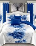 White and blue Modern All-Season Bedding Set – 10pcs & 8pcs, 100% Cotton, Soft & Lightweight, Includes Pillow Covers & Stylish Curtains