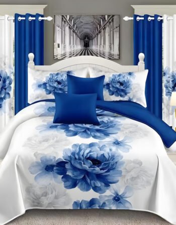 White and blue Modern All-Season Bedding Set – 10pcs & 8pcs, 100% Cotton, Soft & Lightweight, Includes Pillow Covers & Stylish Curtains