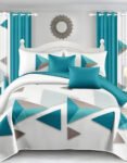White and cyan Modern All-Season Bedding Set – 10pcs & 8pcs, 100% Cotton, Soft & Lightweight, Includes Pillow Covers & Stylish Curtains