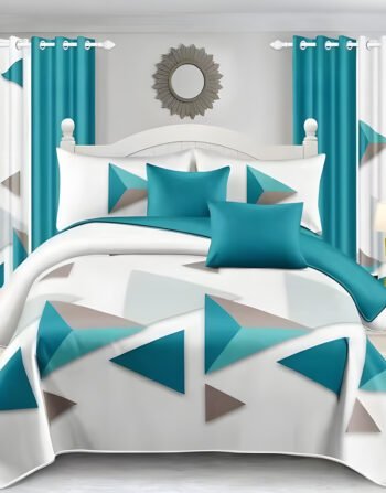 White and cyan Modern All-Season Bedding Set – 10pcs & 8pcs, 100% Cotton, Soft & Lightweight, Includes Pillow Covers & Stylish Curtains