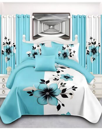 Sky Blue & White Modern All-Season Bedding Set – 10pcs & 8pcs, 100% Cotton, Soft & Lightweight, Includes Pillow Covers & Stylish Curtains
