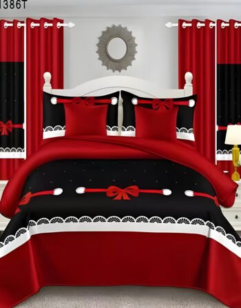 Red & Black Modern All-Season Bedding Set – 10pcs & 8pcs, 100% Cotton, Soft & Lightweight, Includes Pillow Covers & Stylish Curtains