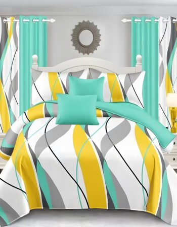 Multi color Modern All-Season Bedding Set – 10pcs & 8pcs, 100% Cotton, Soft & Lightweight, Includes Pillow Covers & Stylish Curtains