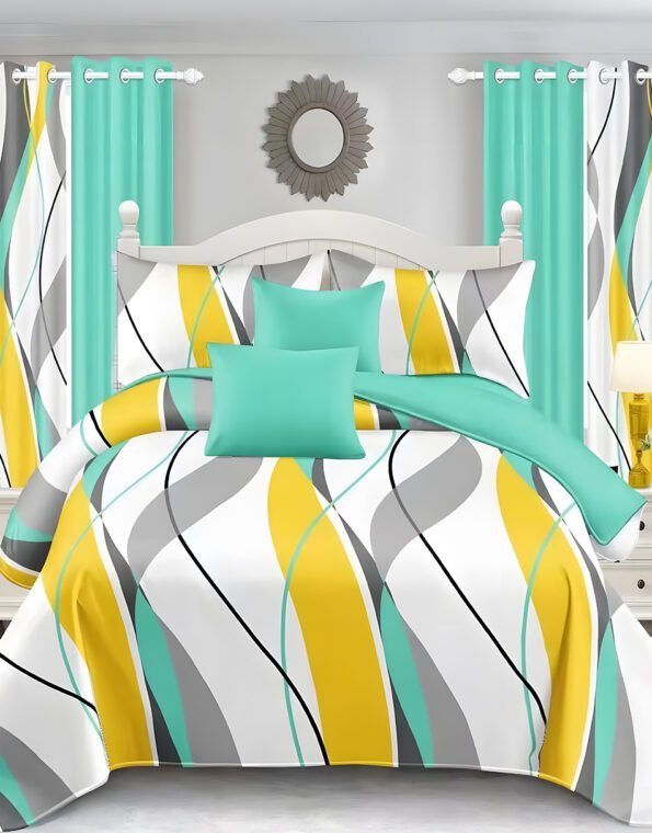 Multi color Modern All-Season Bedding Set – 10pcs & 8pcs, 100% Cotton, Soft & Lightweight, Includes Pillow Covers & Stylish Curtains