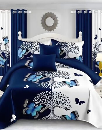 Nevi Blue & White Modern All-Season Bedding Set – 10pcs & 8pcs, 100% Cotton, Soft & Lightweight, Includes Pillow Covers & Stylish Curtains