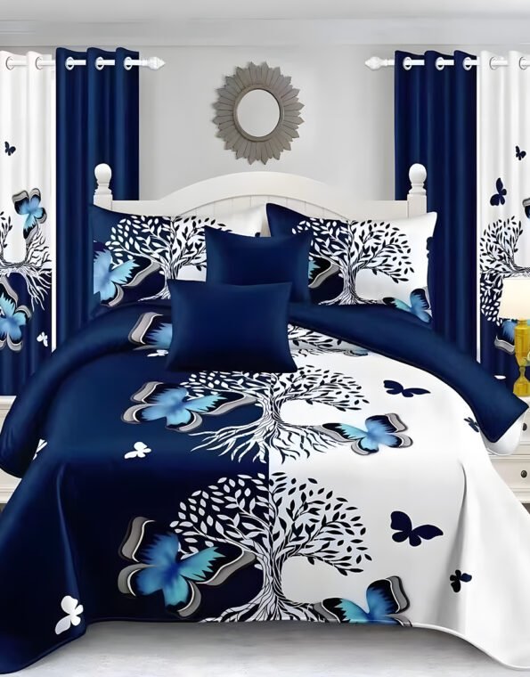 Nevi Blue & White Modern All-Season Bedding Set – 10pcs & 8pcs, 100% Cotton, Soft & Lightweight, Includes Pillow Covers & Stylish Curtains