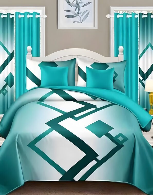 Cyan Modern All-Season Bedding Set – 10pcs & 8pcs, 100% Cotton, Soft & Lightweight, Includes Pillow Covers & 2 Stylish Curtains