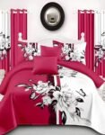 Magenta & White Modern All-Season Bedding Set – 10pcs & 8pcs, 100% Cotton, Soft & Lightweight, Includes Pillow Covers & Stylish Curtains