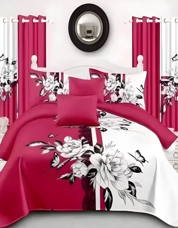Magenta & White Modern All-Season Bedding Set – 10pcs & 8pcs, 100% Cotton, Soft & Lightweight, Includes Pillow Covers & Stylish Curtains