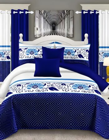 Blue & White Modern All-Season Bedding Set – 10pcs & 8pcs, 100% Cotton, Soft & Lightweight, Includes Pillow Covers & Stylish Curtains