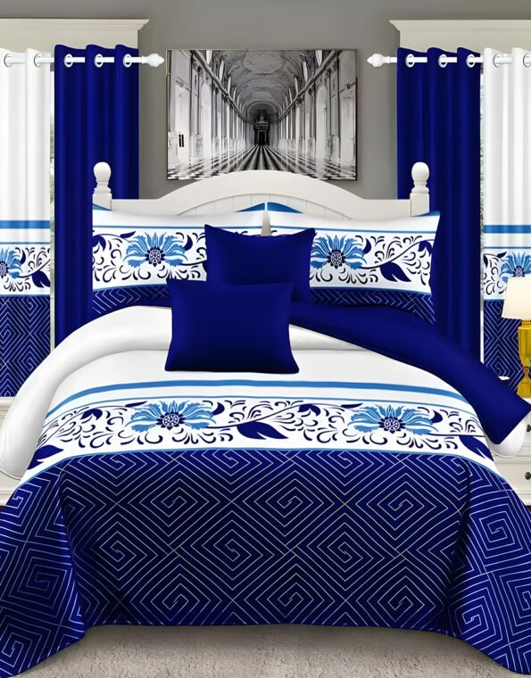 Blue & White Modern All-Season Bedding Set – 10pcs & 8pcs, 100% Cotton, Soft & Lightweight, Includes Pillow Covers & Stylish Curtains