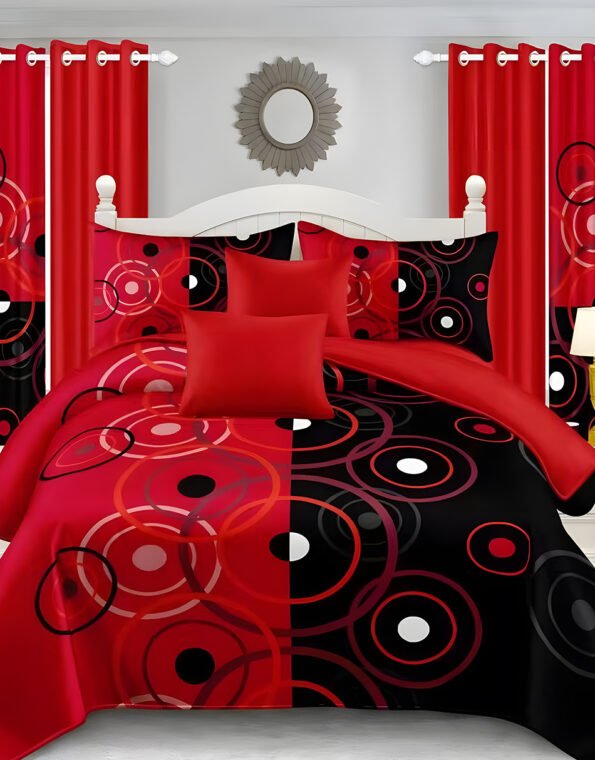 Red & Black Modern All-Season Bedding Set – 10pcs & 8pcs, 100% Cotton, Soft & Lightweight, Includes Pillow Covers & Stylish Curtains