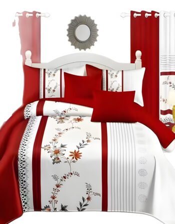 White & Red Modern All-Season Bedding Set – 10pcs & 8pcs, 100% Cotton, Soft & Lightweight, Includes Pillow Covers & Stylish Curtains