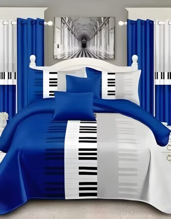 Blue & White Modern All-Season Bedding Set – 10pcs & 8pcs, 100% Cotton, Soft & Lightweight, Includes Pillow Covers & Stylish Curtains