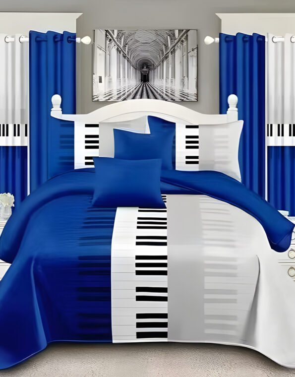 Blue & White Modern All-Season Bedding Set – 10pcs & 8pcs, 100% Cotton, Soft & Lightweight, Includes Pillow Covers & Stylish Curtains