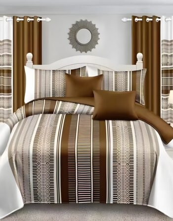 White & Brown Modern All-Season Bedding Set – 10pcs & 8pcs, 100% Cotton, Soft & Lightweight, Includes Pillow Covers & Stylish Curtains