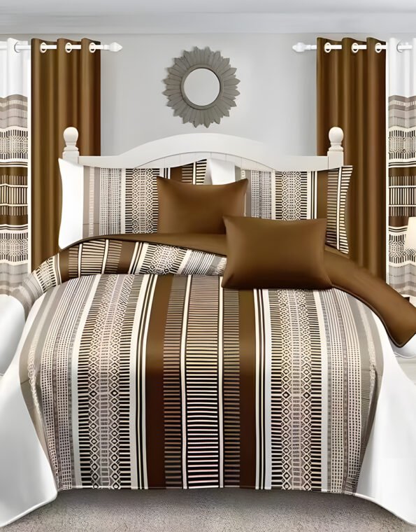 White & Brown Modern All-Season Bedding Set – 10pcs & 8pcs, 100% Cotton, Soft & Lightweight, Includes Pillow Covers & Stylish Curtains