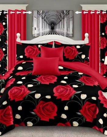 Red & Black Modern All-Season Bedding Set – 10pcs & 8pcs, 100% Cotton, Soft & Lightweight, Includes Pillow Covers & Stylish Curtains