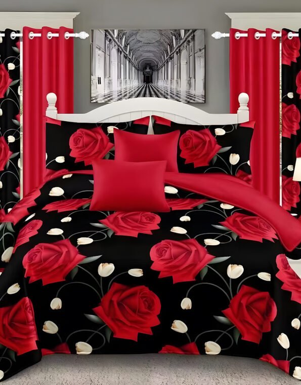 Red & Black Modern All-Season Bedding Set – 10pcs & 8pcs, 100% Cotton, Soft & Lightweight, Includes Pillow Covers & Stylish Curtains