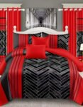 Red & Black Modern All-Season Bedding Set – 10pcs & 8pcs, 100% Cotton, Soft & Lightweight, Includes Pillow Covers & Stylish Curtains