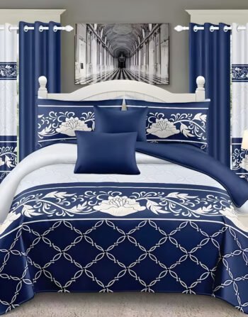 Blue & White Modern All-Season Bedding Set – 10pcs & 8pcs, 100% Cotton, Soft & Lightweight, Includes Pillow Covers & Stylish Curtains